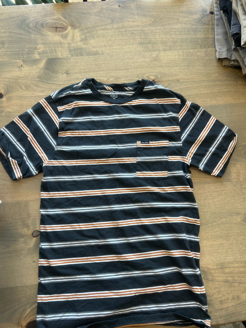 Volcom Black Striped Short Sleeve Tee with White & Brown Stripes
